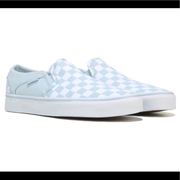 vans light blue checkered slip ons